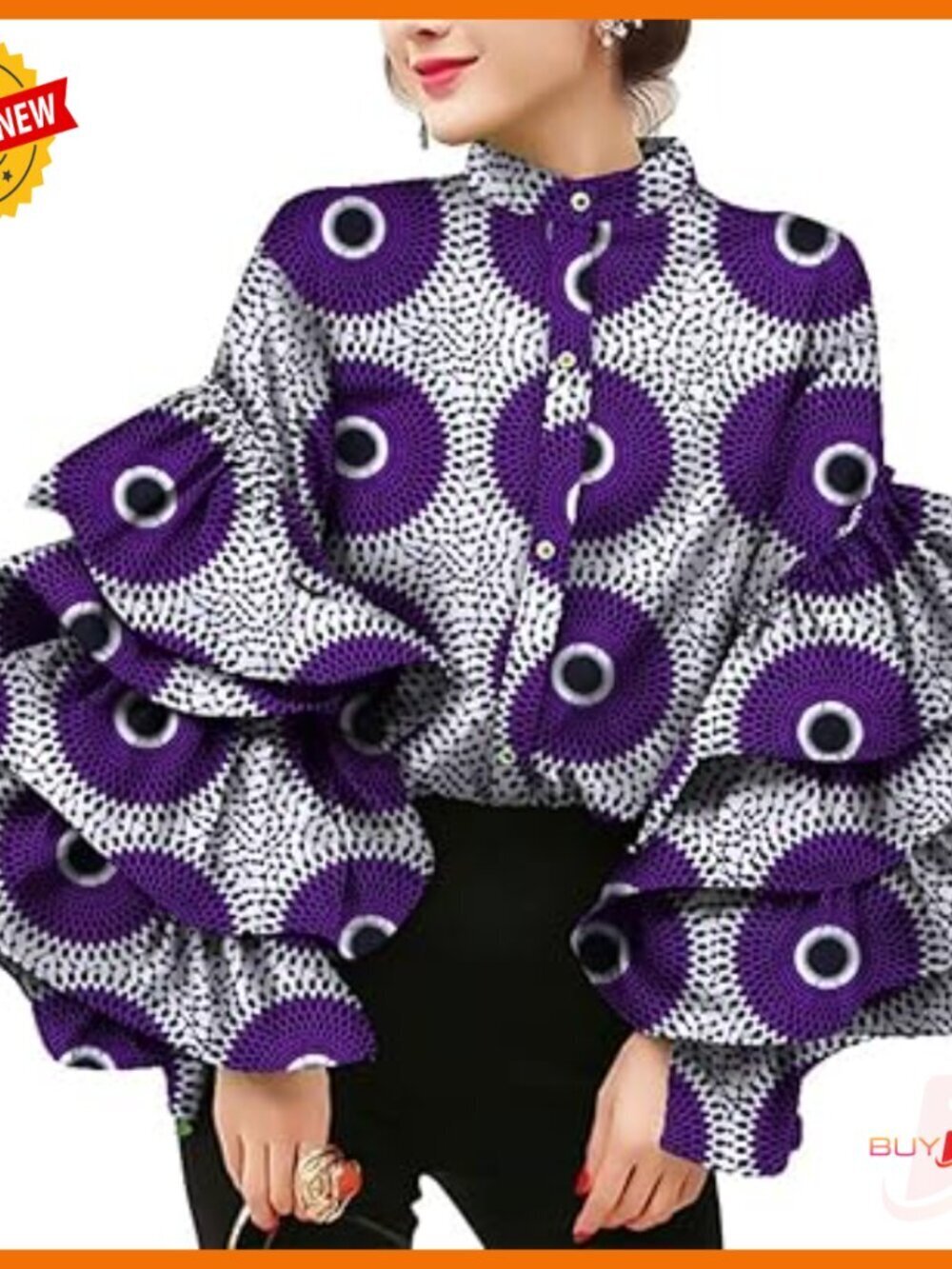 African Print Long Sleeve Button Down Blouse, Square Collar, Regular Fit